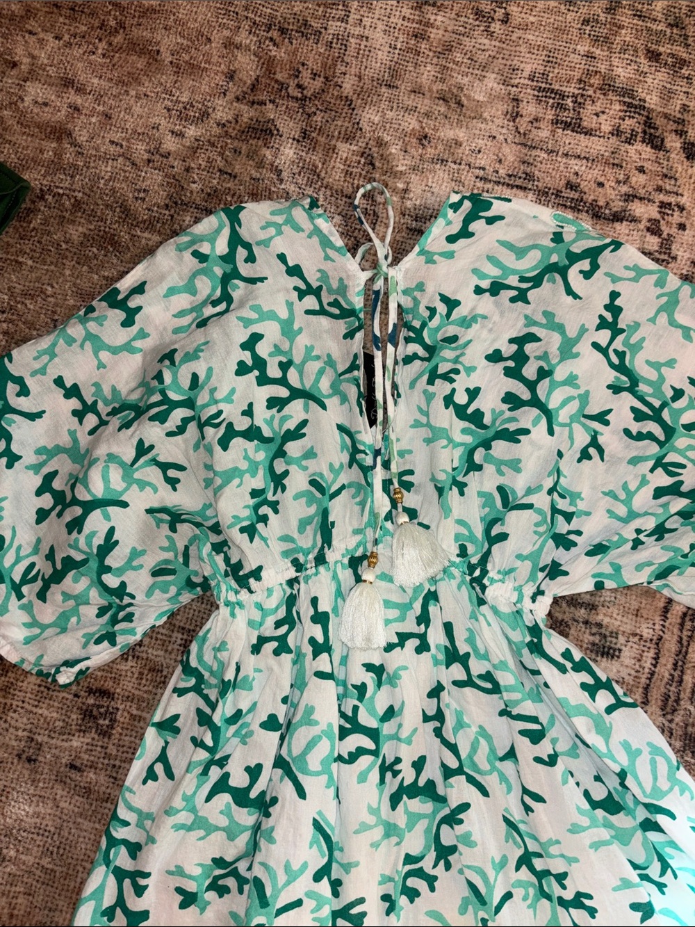 Green Coral Print Womens Dress with Tassel Tie - Picture 8 of 10
